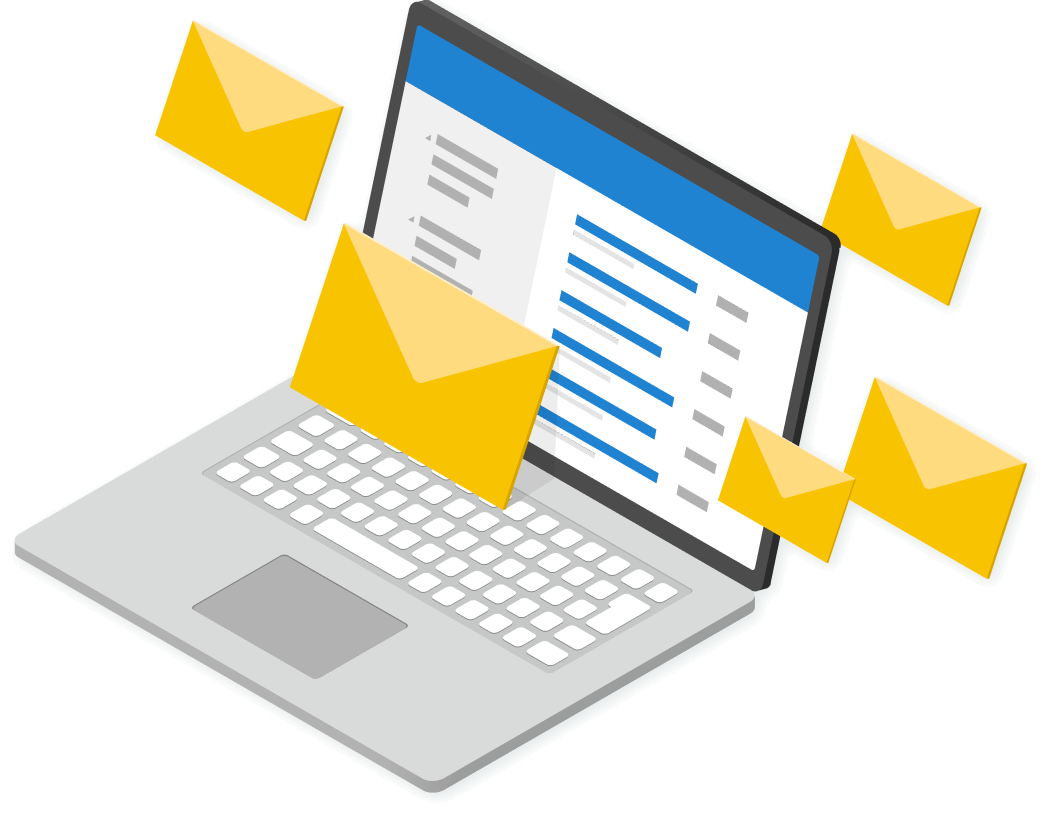 ノートパソコンから複数の黄色い封筒が飛び出す様子を表現したメール配信のイメージイラスト