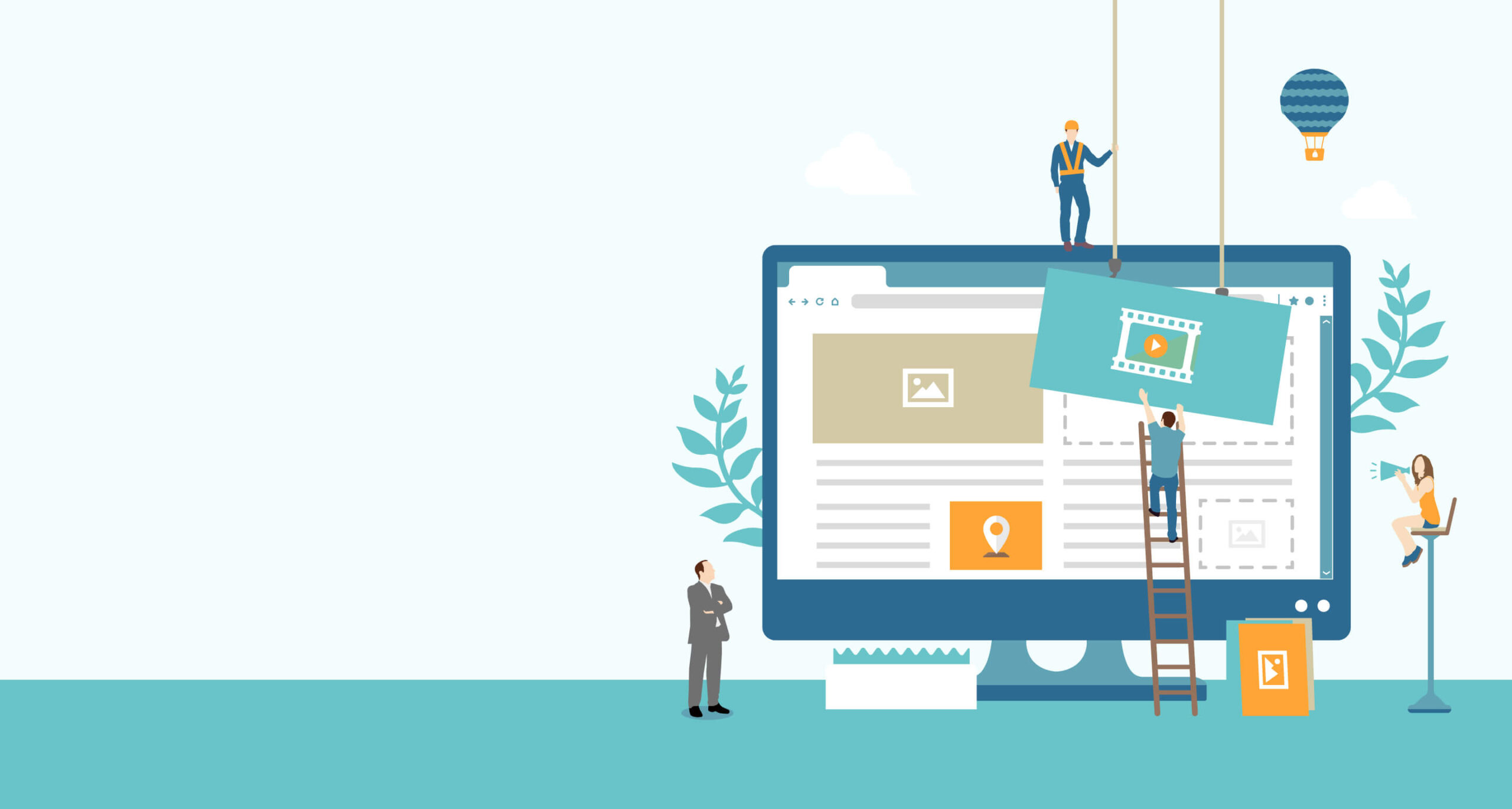 大型モニター上でウェブサイトを制作する作業風景を描いたイラスト。作業員や動画素材が配置されたデザイン画面が表示されている